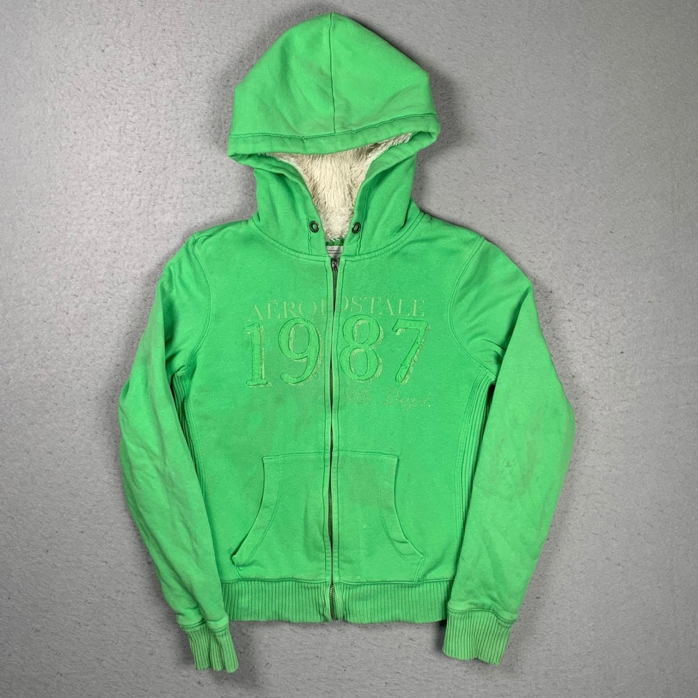 Y2K Aeropostale Jacket Womens Medium Green Sherpa Lined Faux Fur Full Zip Hoodie